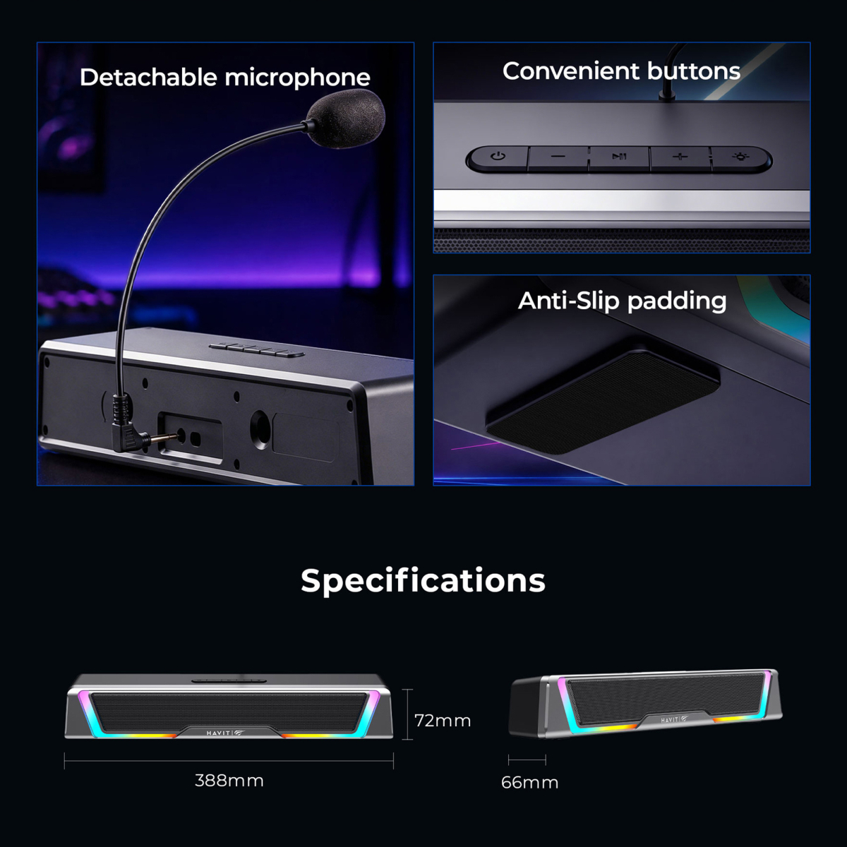 Ігрова колонка SOUNDBAR HAVIT SK221 6W USB+BT RGB Black+Gray