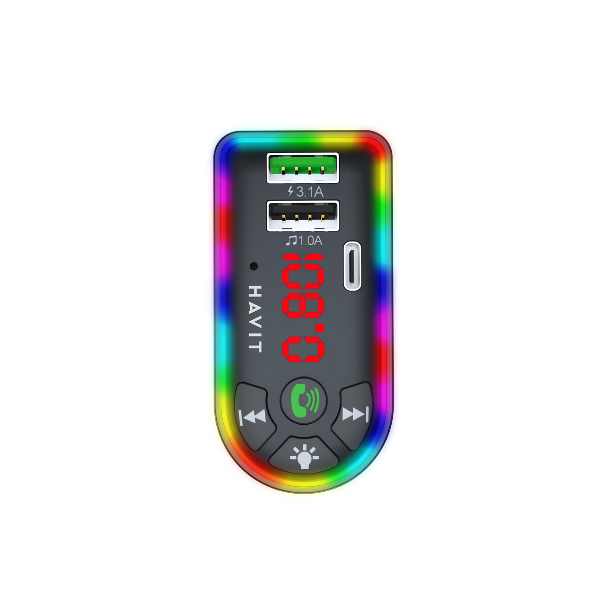 FM модулятор HAVIT HV-FM813BT 2USB+USB-C RGB Black FM модулятор HAVIT HV-FM813BT 2USB+USB-C RGB Black